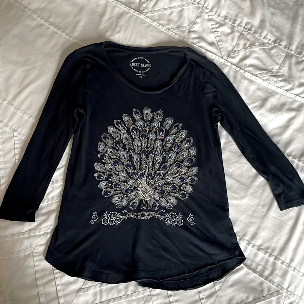Lucky Brand 3/4 sleeve embroidered peacock shirt